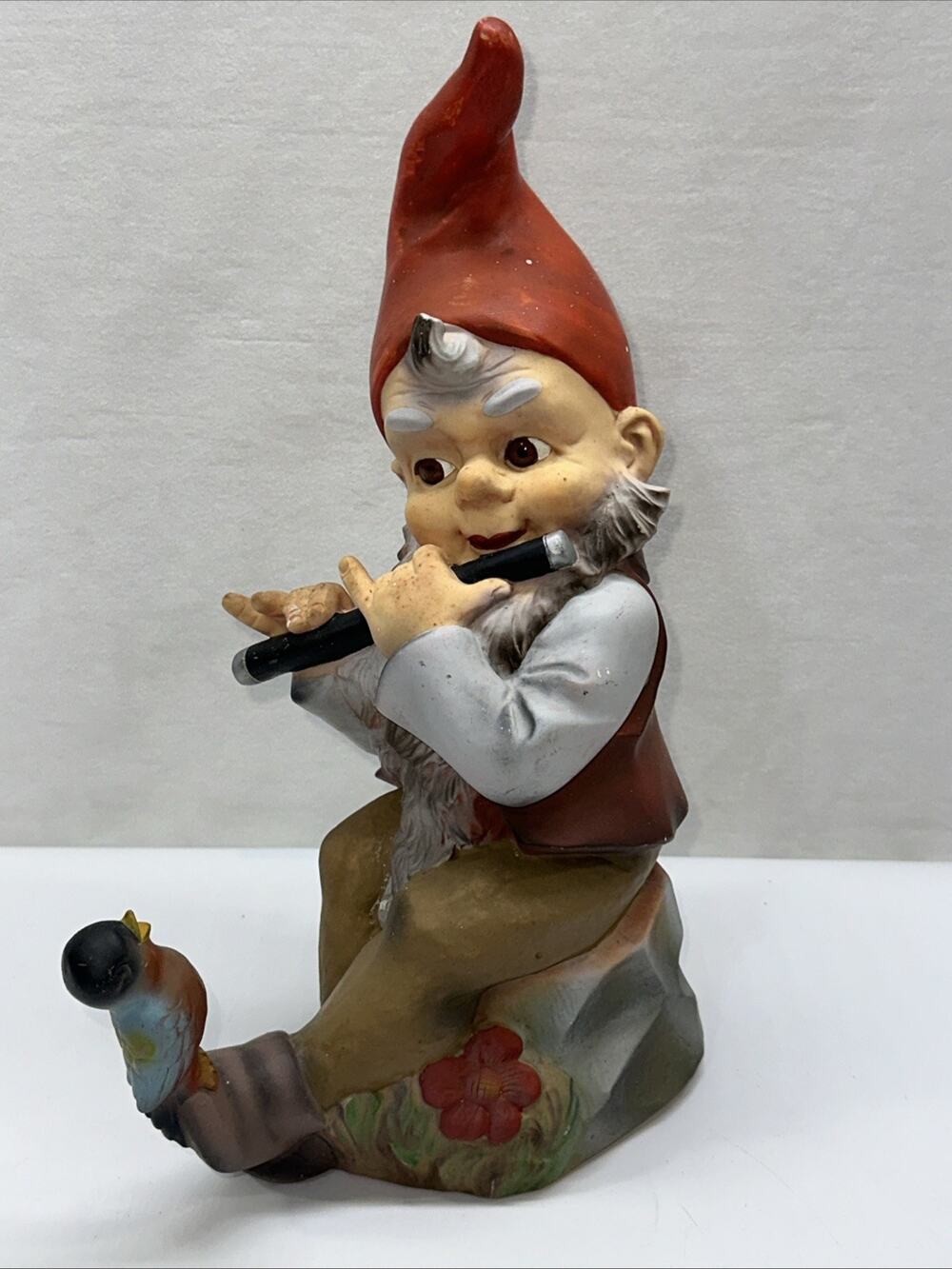 Vintage German GNOME Heissner Flute Blue Bird 988 West-Germany Garden Elf Rubber